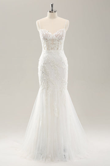 White Mermaid Spaghetti Straps Applique Lace Corset Wedding Dress with Lace-up Back